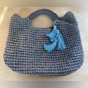 Fallon & Royce navy blue straw tote, light blue tassel detail, braided strap